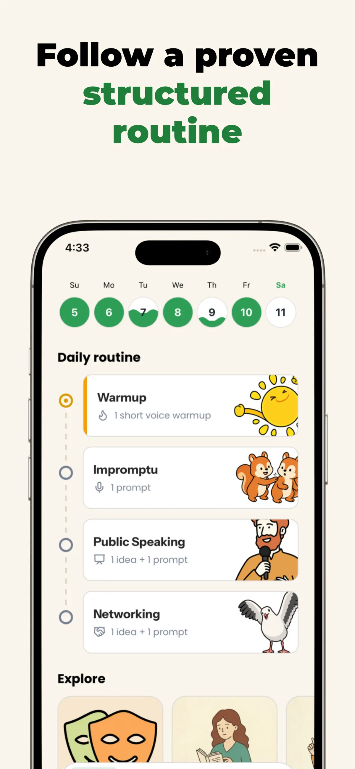 Minute Hatch app showing the daily impromptu speaking practice routine